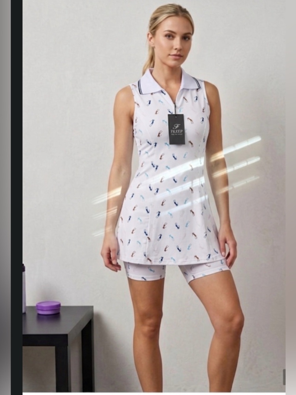 FKEEP, White Sleeveless Polo Dress with Matching Shorts - women golfers PrintNWT